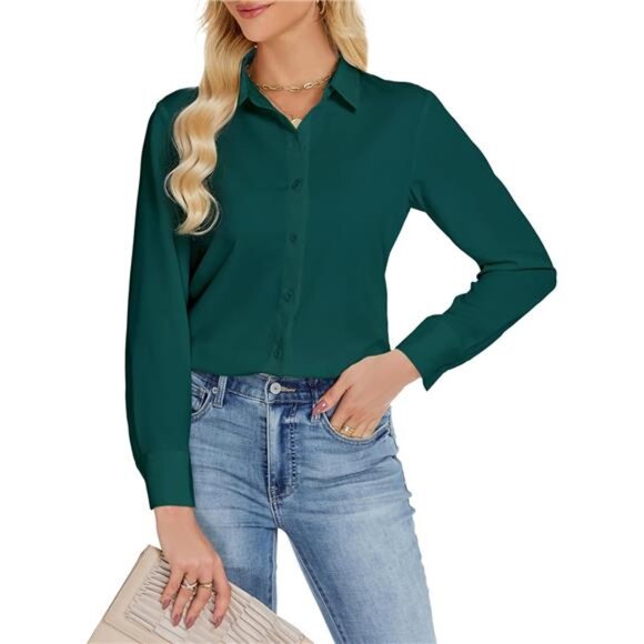 Women's Button Down Shirts, Chiffon Top Green - Picture 1 of 5
